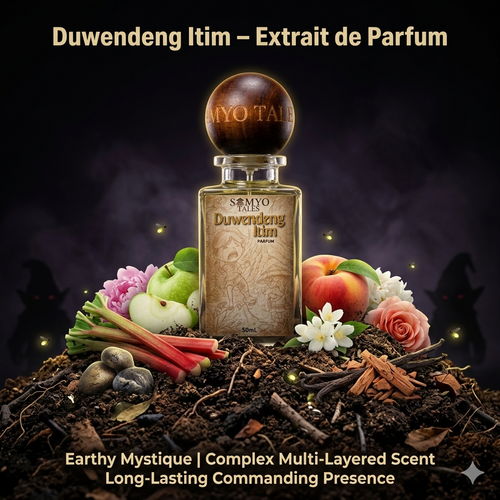 Duwendeng Itim perfume bottle with natural elements on a dark background