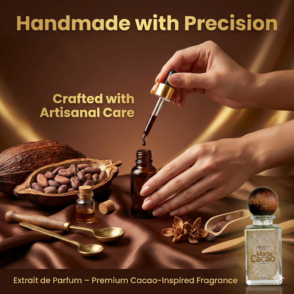 Extrait de Parfum bottle with cacao beans and a hand holding a dropper on a brown background.