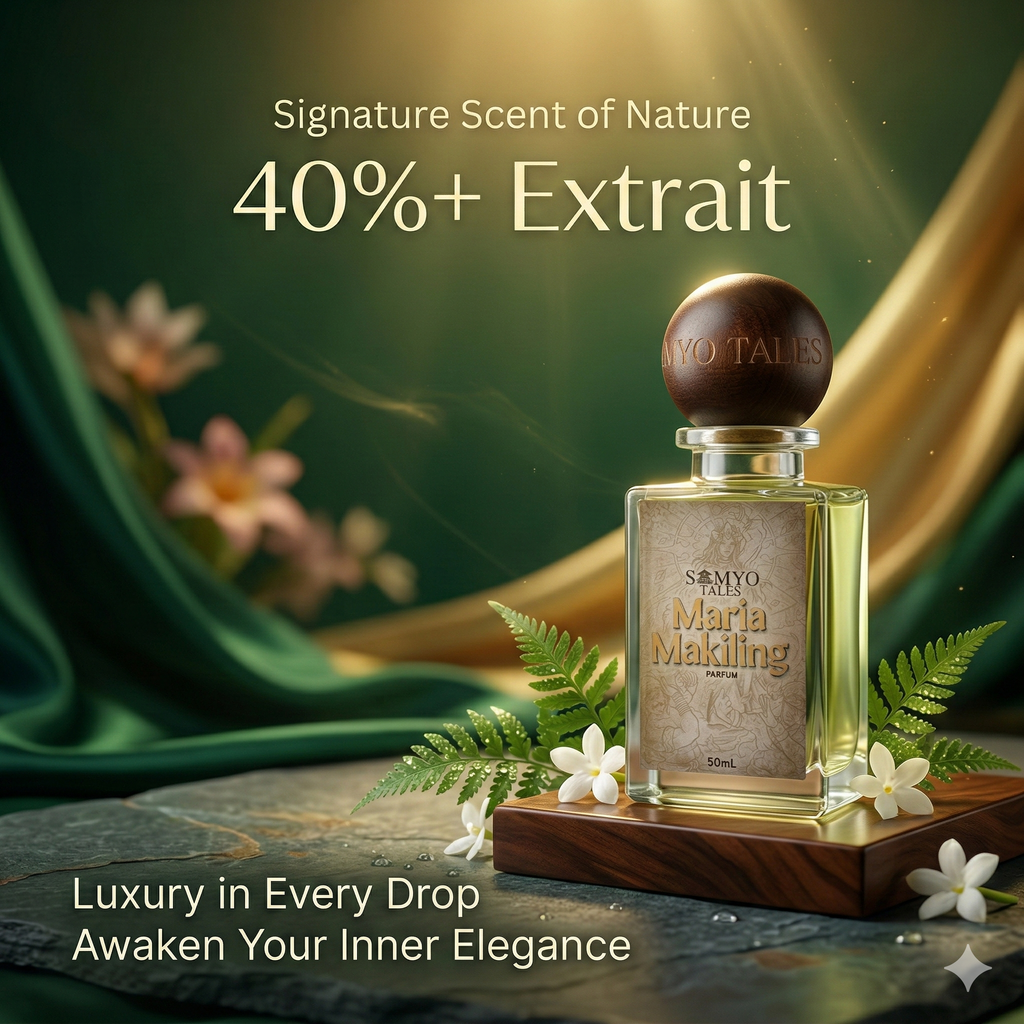 Perfume bottle with floral elements and text about extract content and luxury.