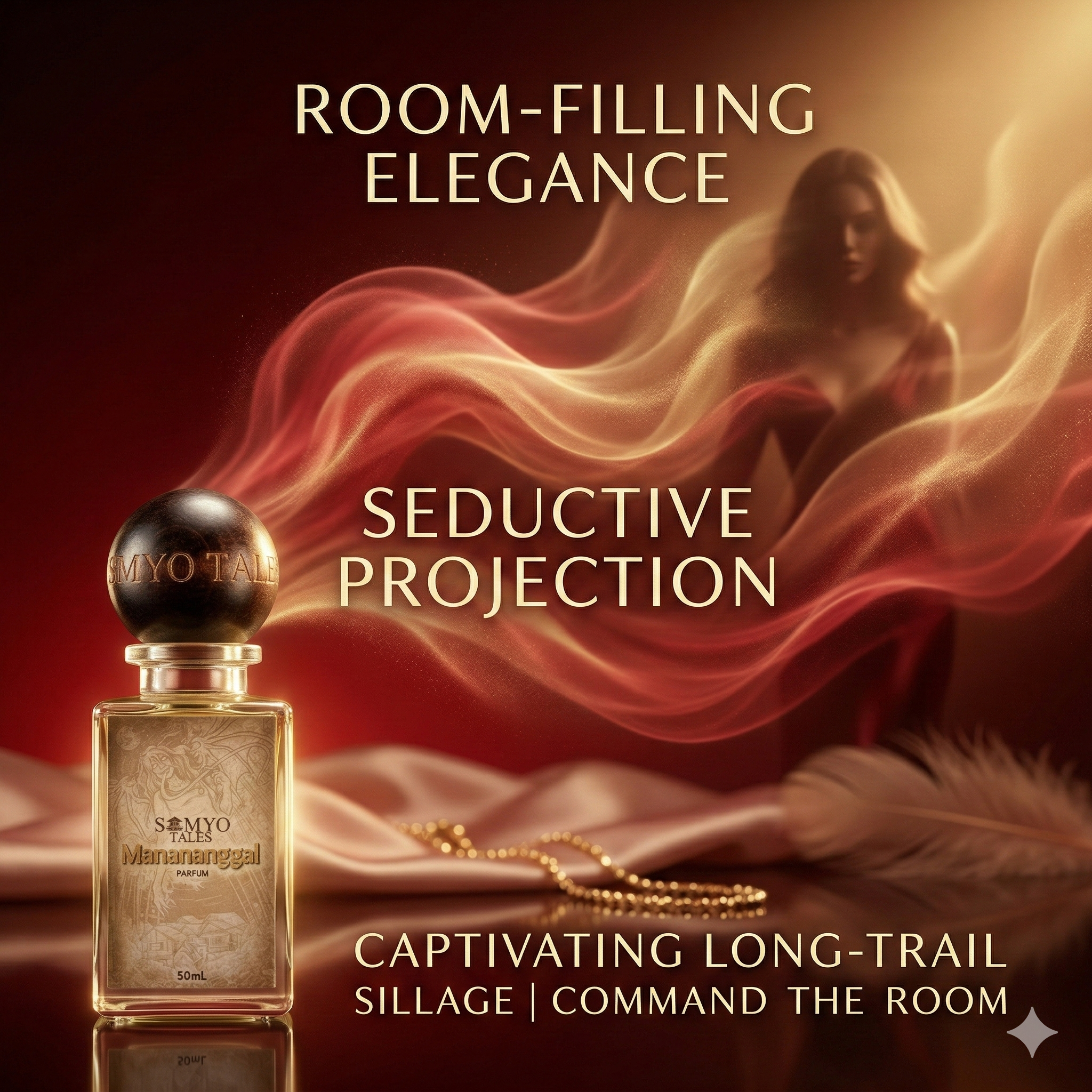 Perfume bottle with woman in red fabric and text about room-filling elegance and long-trail sillage.