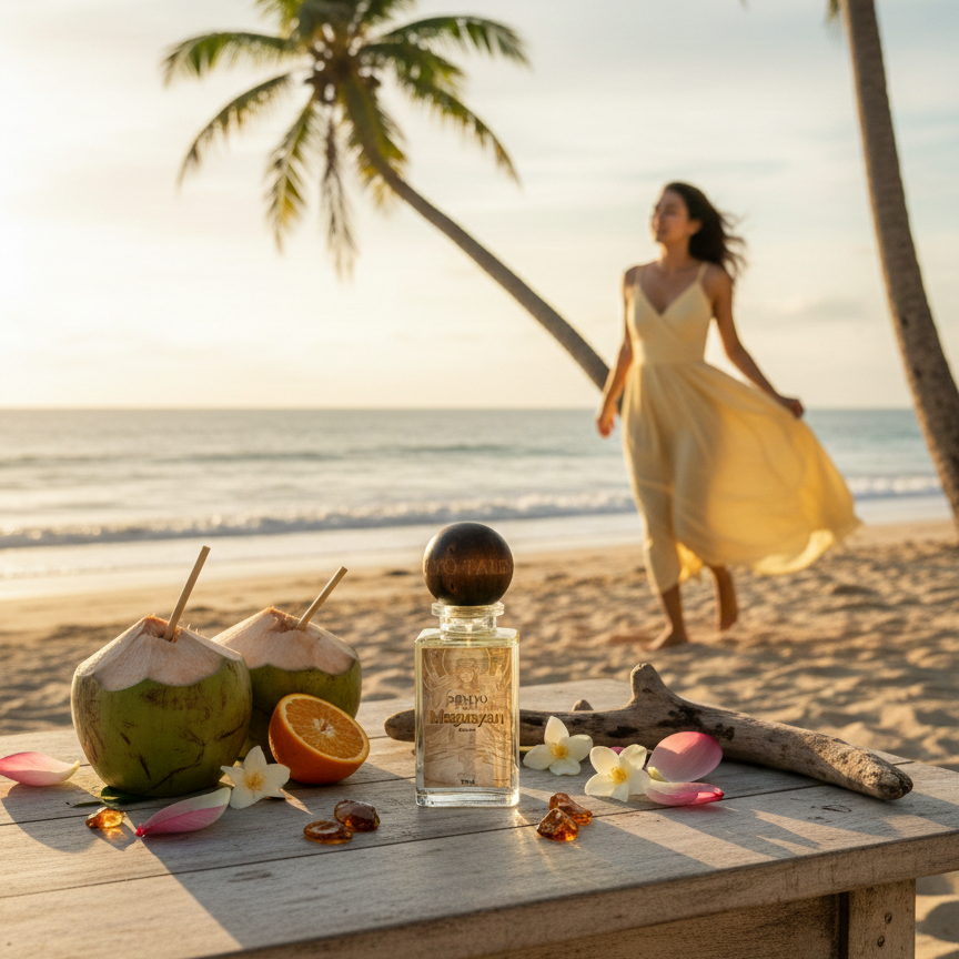 Woman in a yellow dress walking on a beach with coconuts, oranges, and a bottle of perfume on a table.