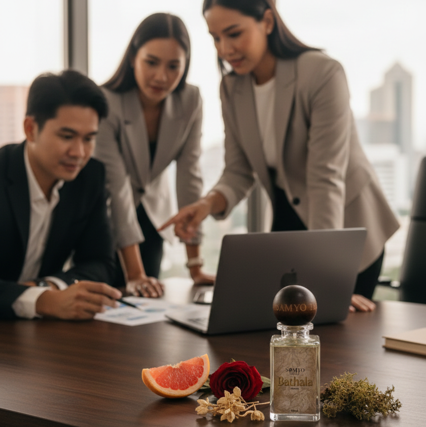 Three professionals in a meeting with a laptop, with a decorative table setting including a bottle and fruit.
