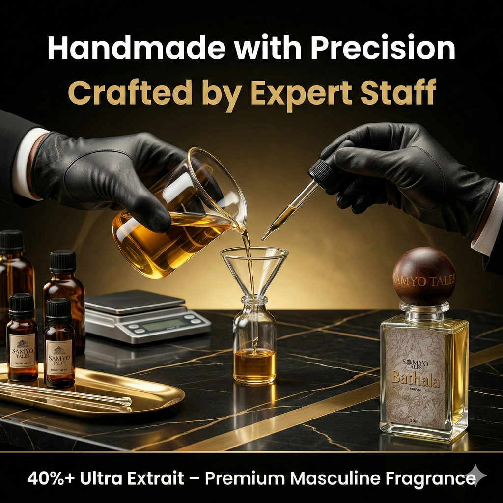 Two hands in black gloves handling a bottle of SANTOS Bathala fragrance with text about craftsmanship and quality.