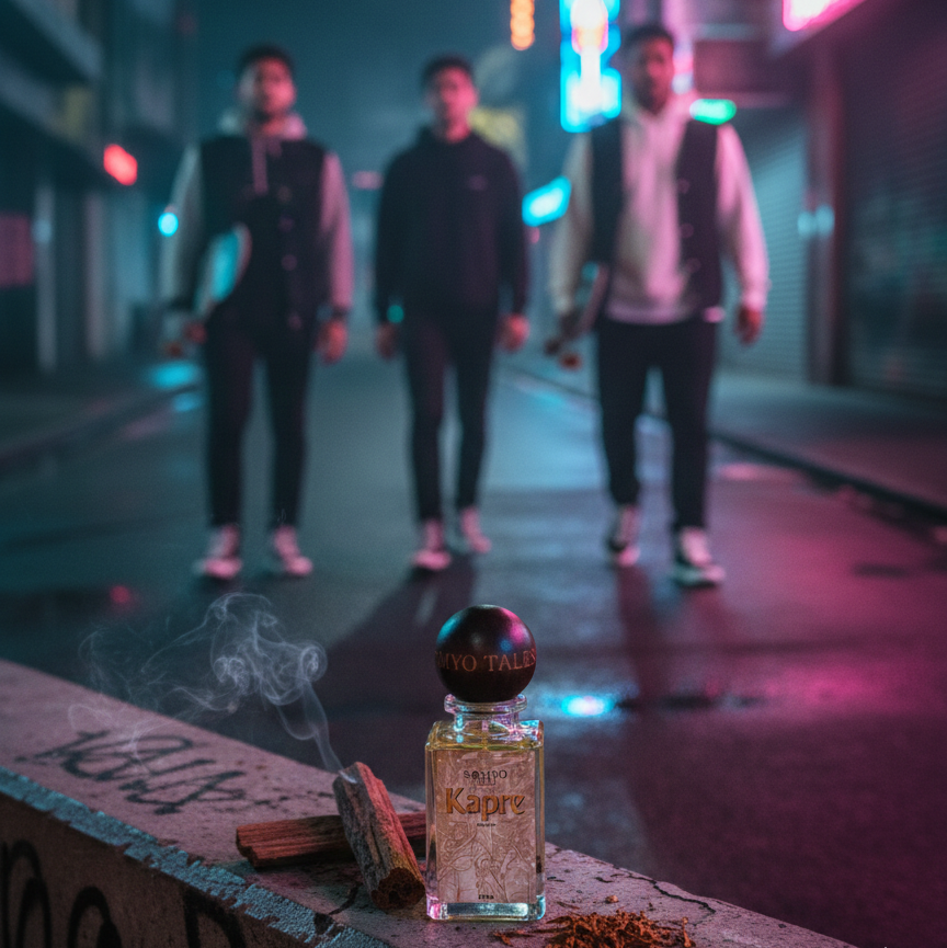 Three people standing on a street at night with neon lights and a bottle of alcohol in the foreground.