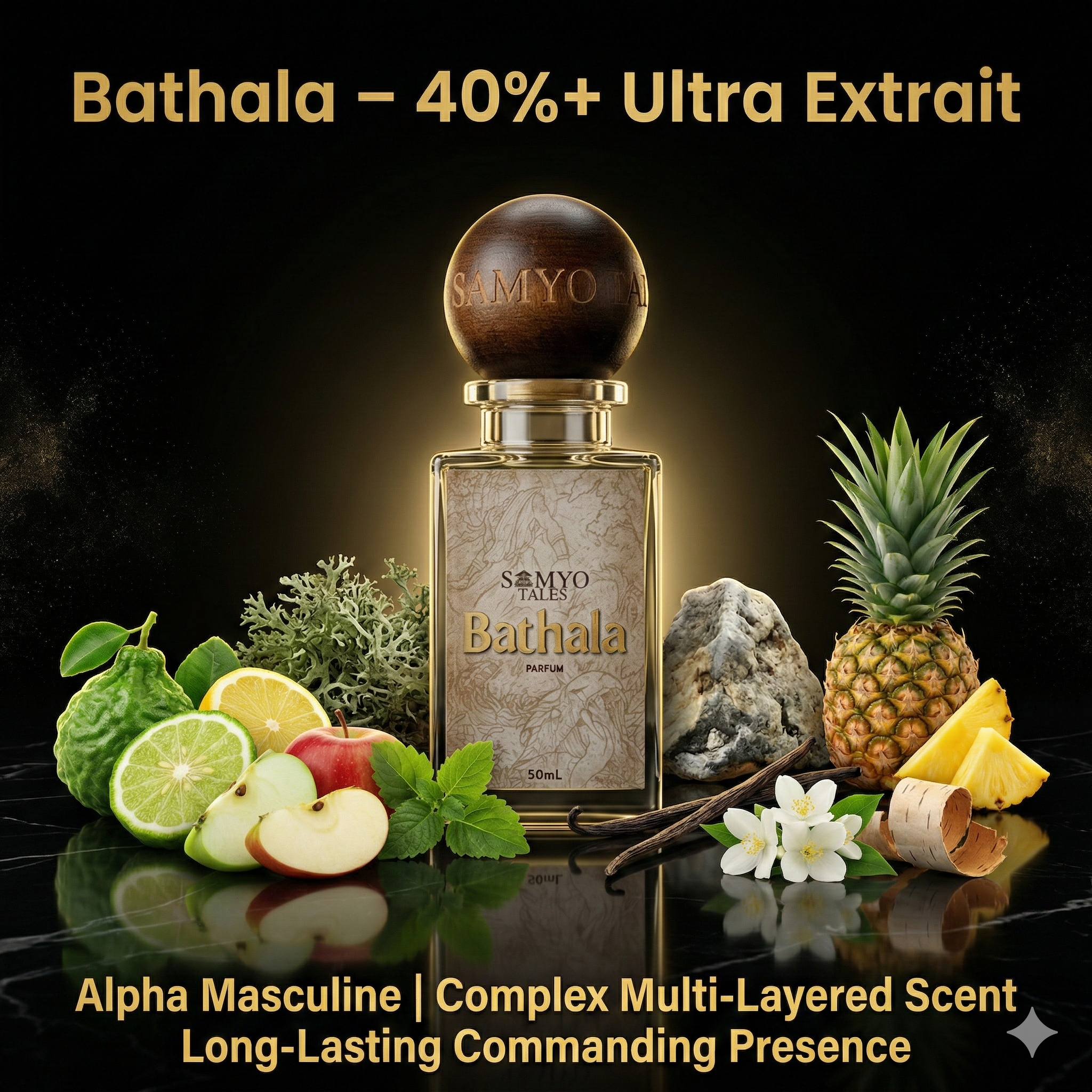 Somyo Bathala perfume bottle with fruits, pineapple, and flowers on a dark background
