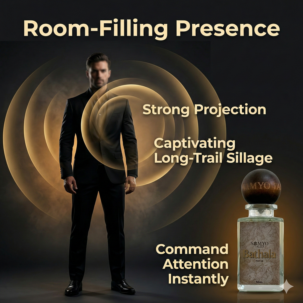 Man in a suit with concentric circles and a bottle of cologne labeled 'Bathala' on a dark background.