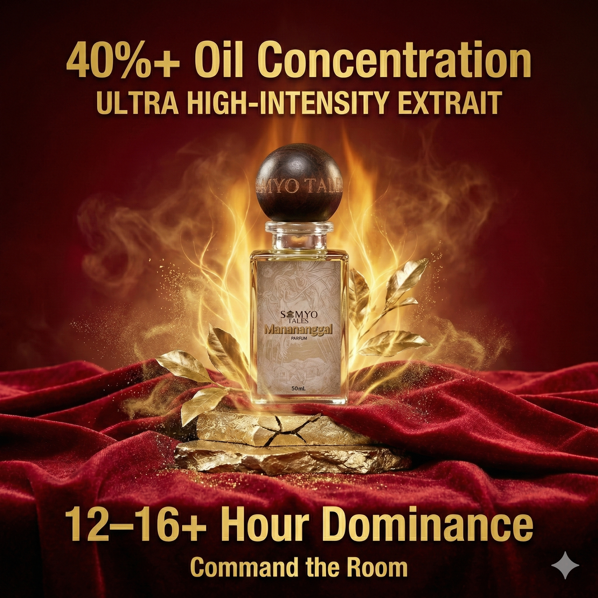 Perfume bottle with gold accents on a red fabric background, featuring text about oil concentration and effects.