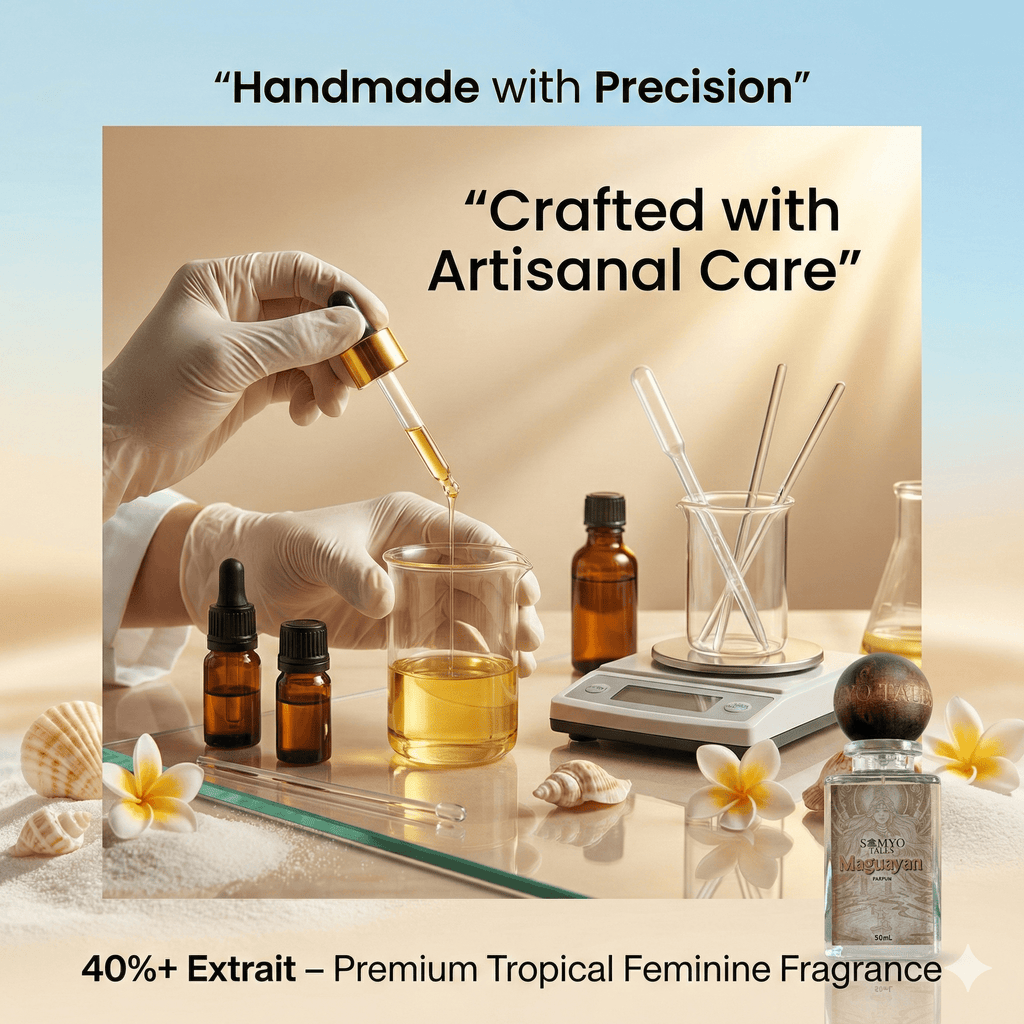 Person in gloves pouring liquid into a glass with text about artisanal care and premium fragrance.