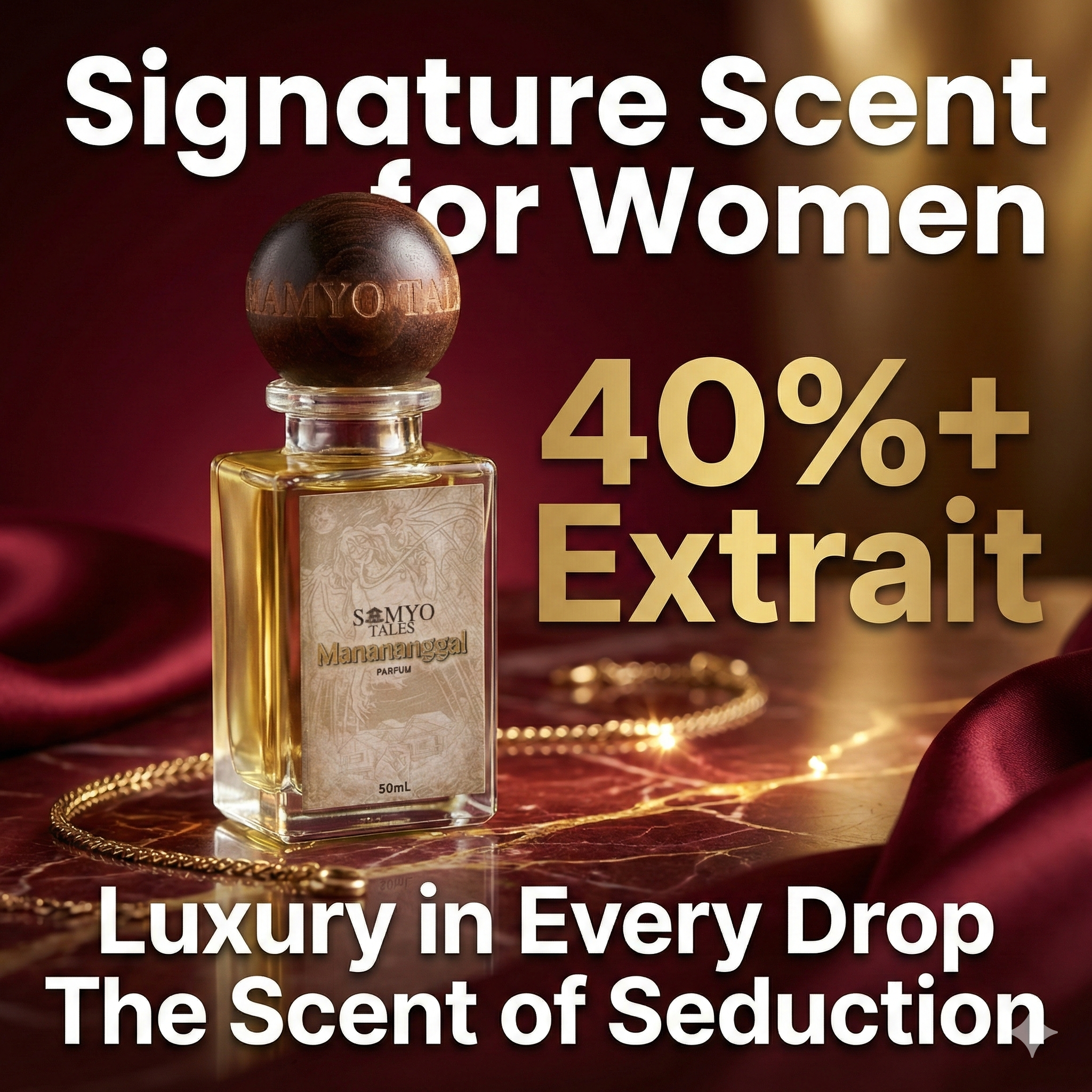 Perfume bottle with text highlighting 'Signature Scent for Women' and '40%+ Extrait'.