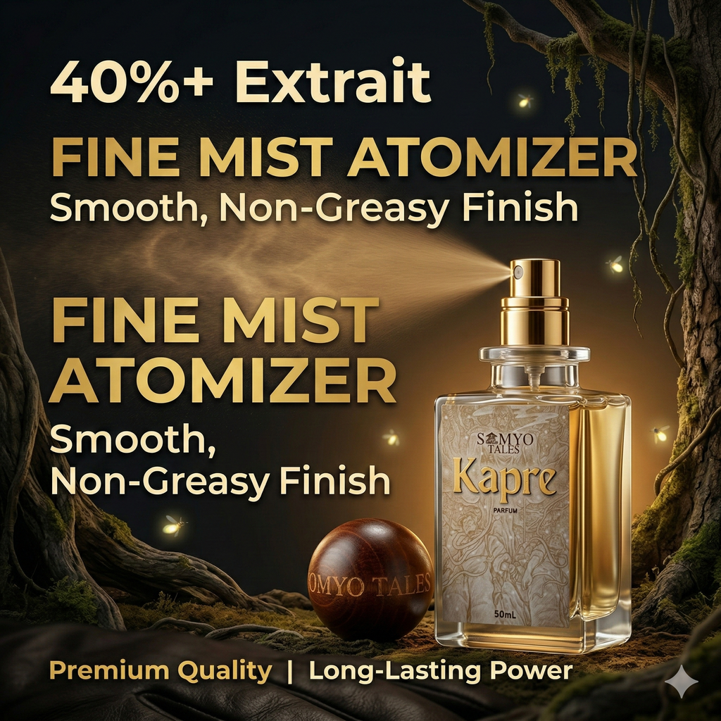 Somyo Tales Kapre perfume bottle with promotional text about fine mist atomizer and premium quality.