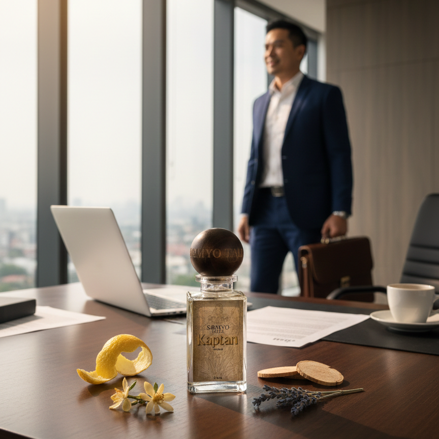 Man in a suit standing in an office with a desk featuring a bottle of Cacharel perfume.
