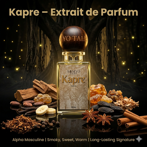 Kapre Extrait de Parfum bottle with ingredients on a dark background
