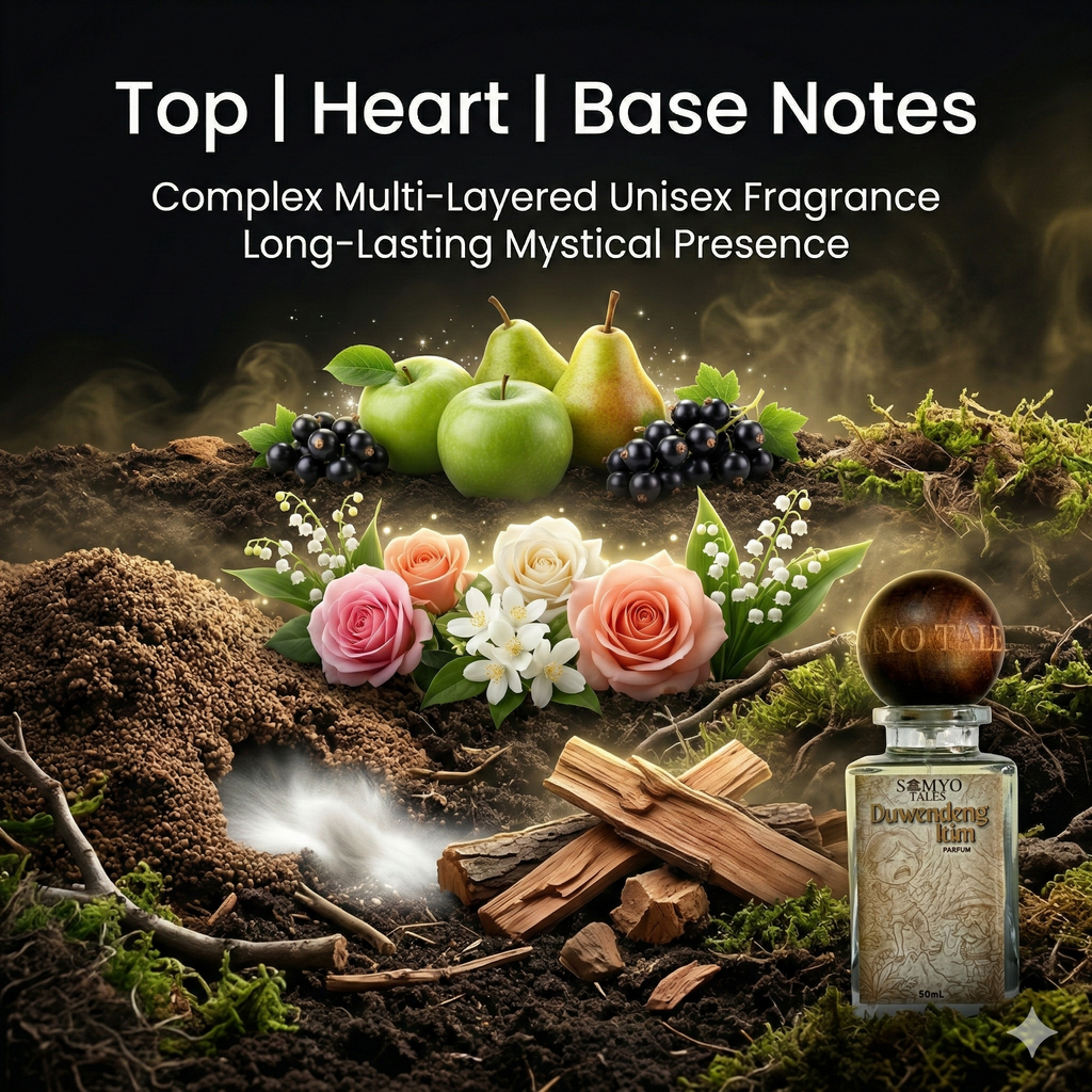 Perfume bottle with natural elements like fruits, flowers, and wood on a dark background