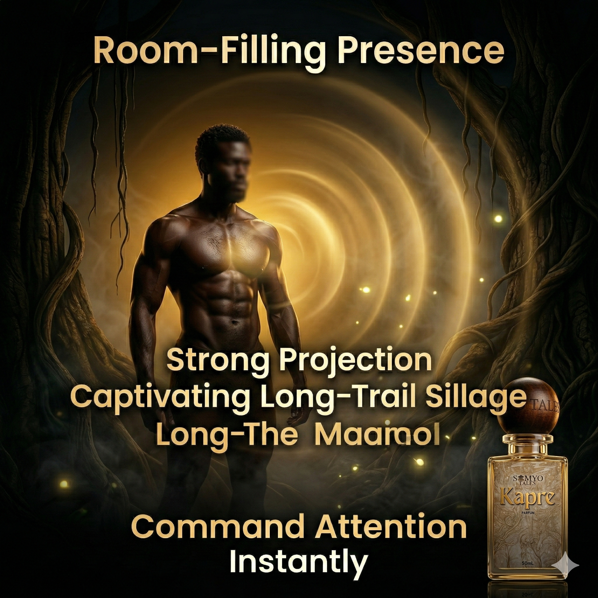 Man with glowing aura and perfume bottle labeled 'Kapre' on a dark background