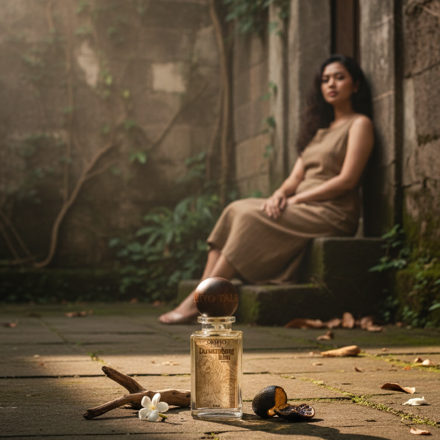 Woman sitting on a stone bench with a perfume bottle and flowers in an outdoor setting.