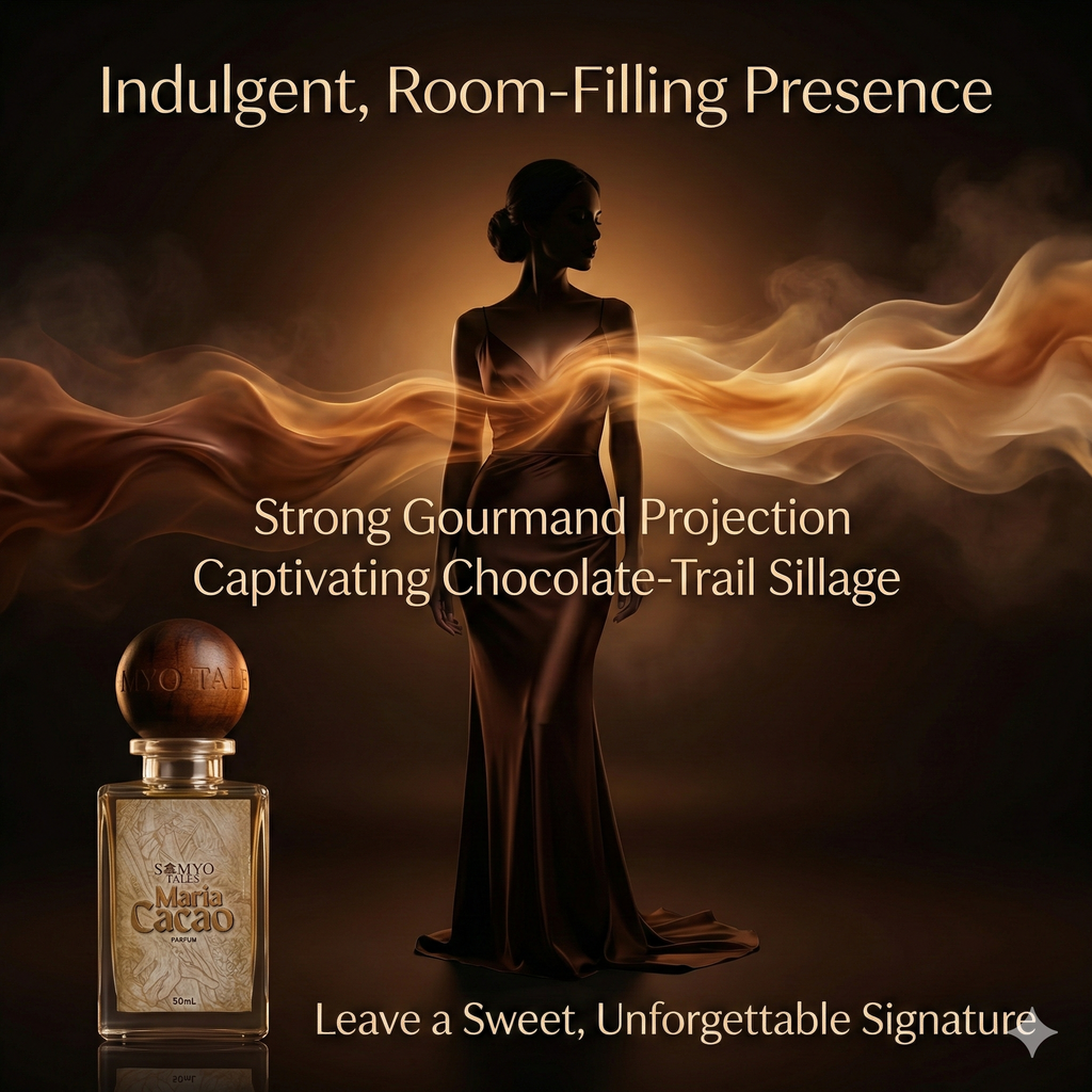 Perfume bottle with a woman in a gown and smoke effects, labeled 'Maria Cacao'.