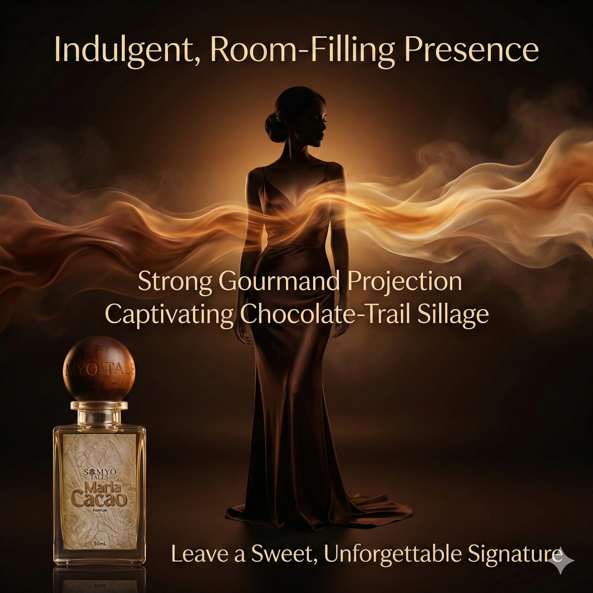 Perfume bottle with a woman in a gown and smoke effects, labeled 'Maria Cacao'.