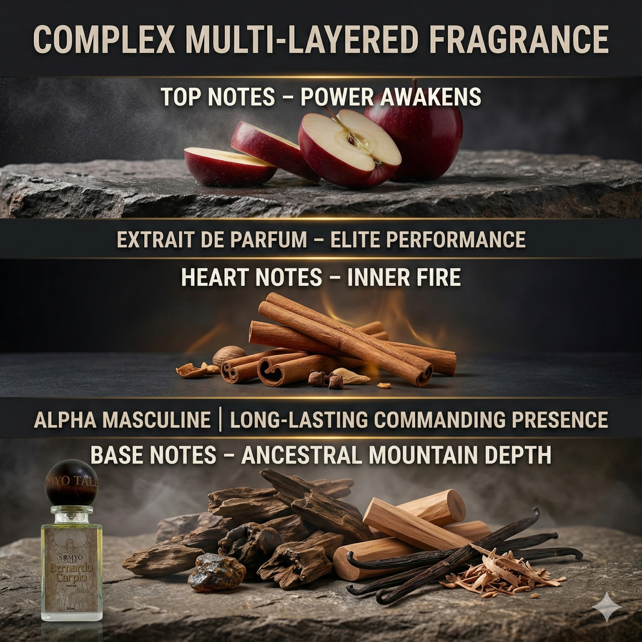 Perfume bottle with ingredients and text describing fragrance notes on a dark background