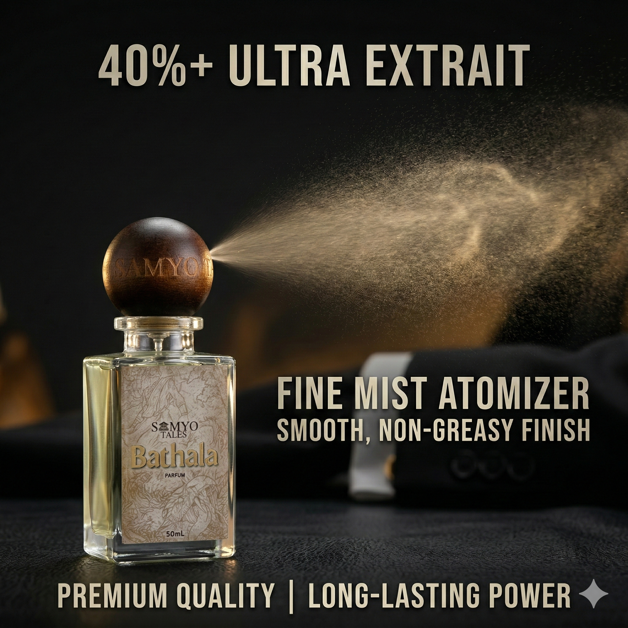 Perfume bottle with spray mist on a dark background, featuring text about ultra extract and fine mist atomizer.