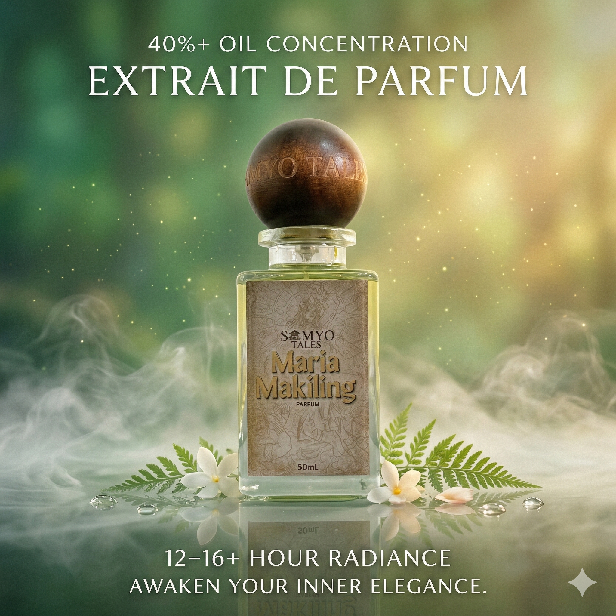 Perfume bottle with wooden cap on a green background, featuring text about oil concentration and radiance.