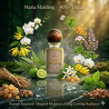 Scented bottle with flowers and natural elements on a dark background