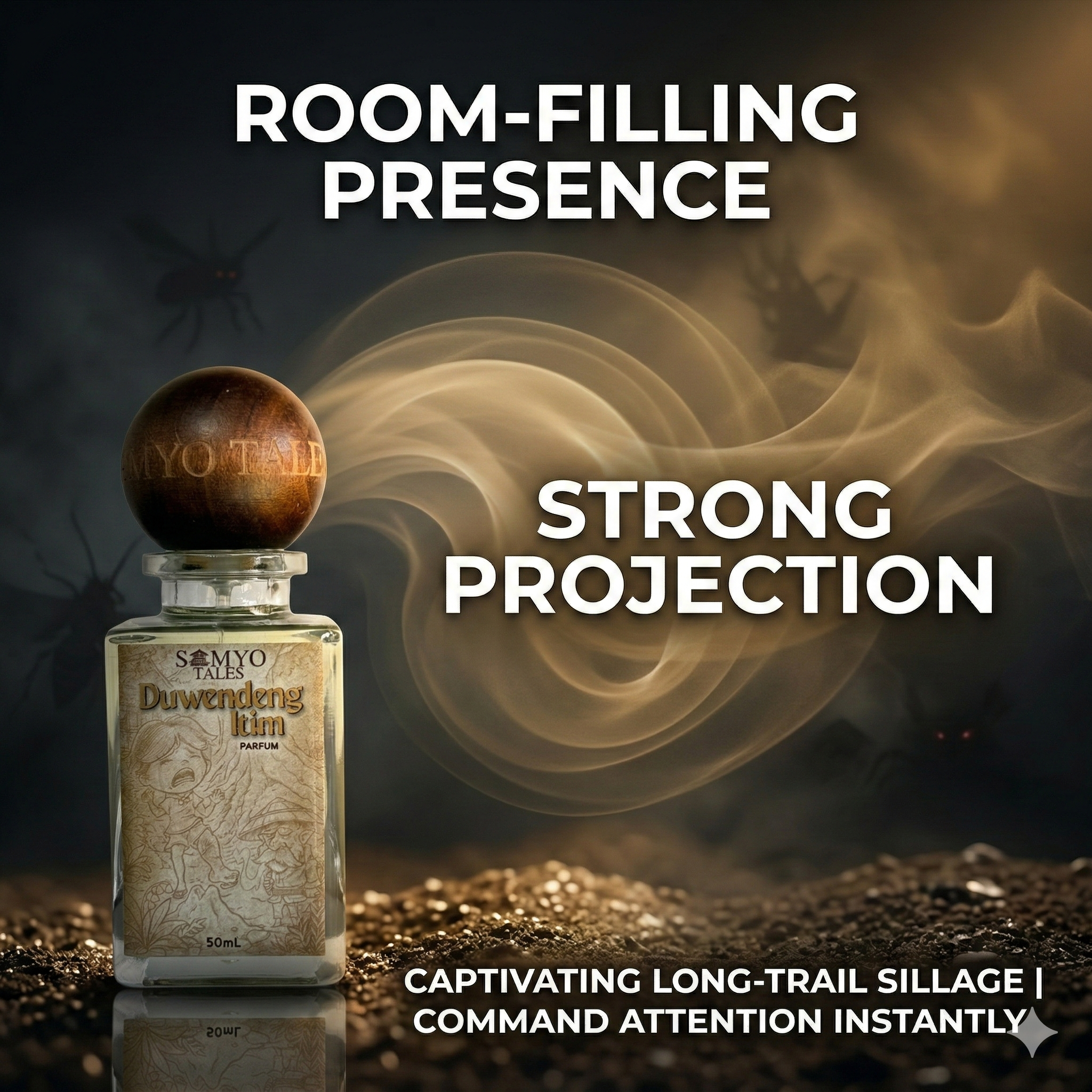 Perfume bottle with smoke effect and text about room-filling presence and strong projection.