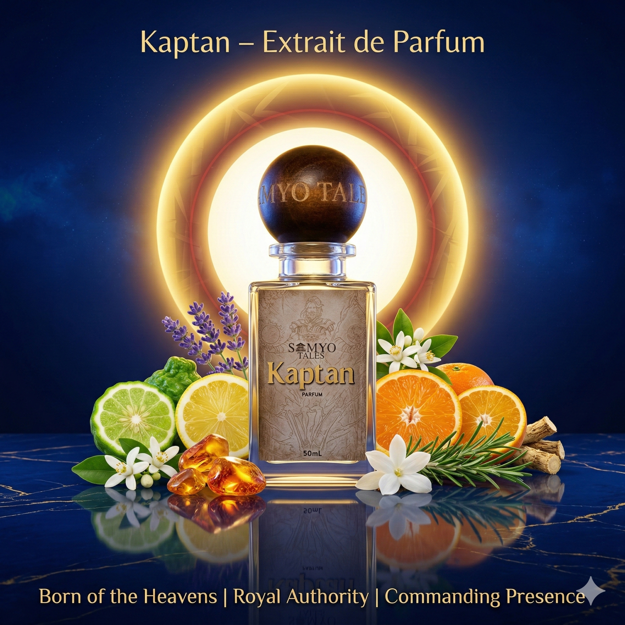 Kaptan perfume bottle with fruits and flowers on a reflective surface