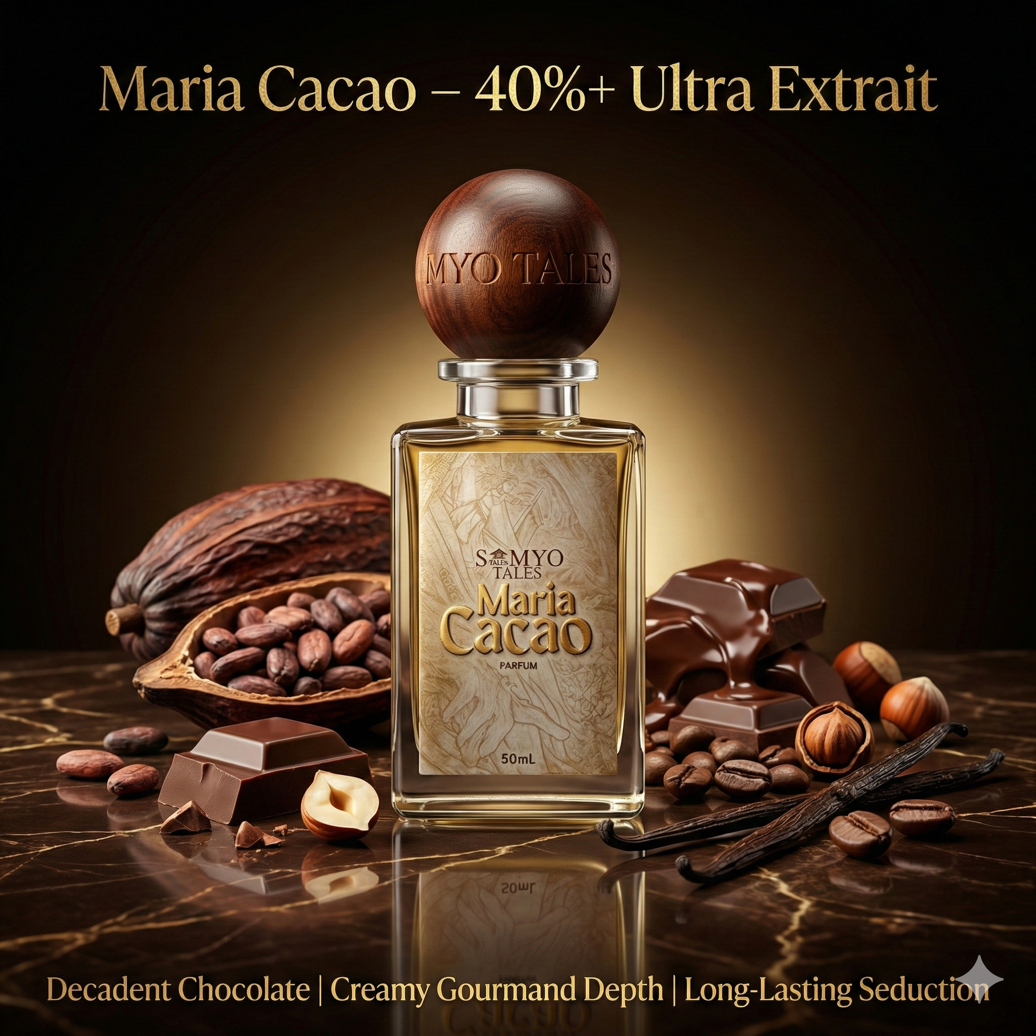 Perfume bottle labeled 'Maria Cacao' surrounded by chocolate and cocoa beans on a dark surface.
