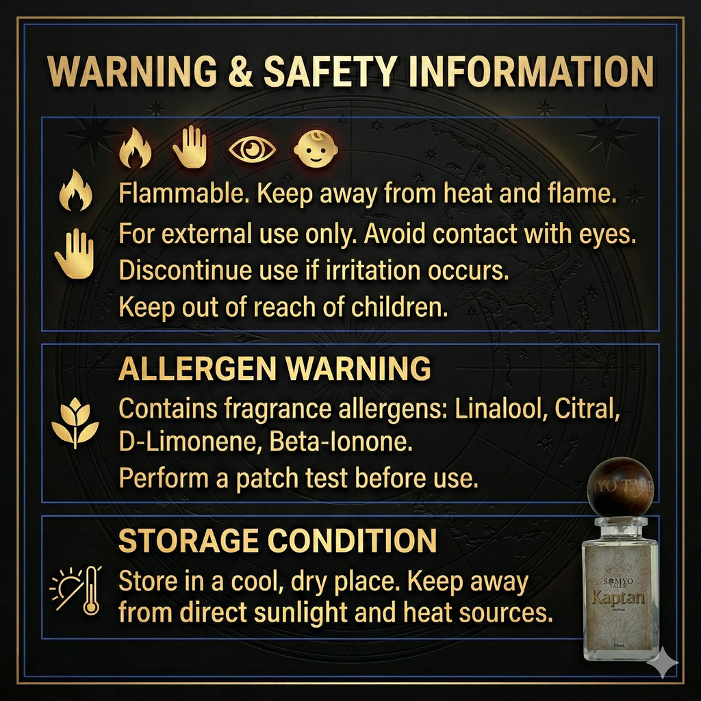 Warning and safety information for a product with a bottle icon on a black background.