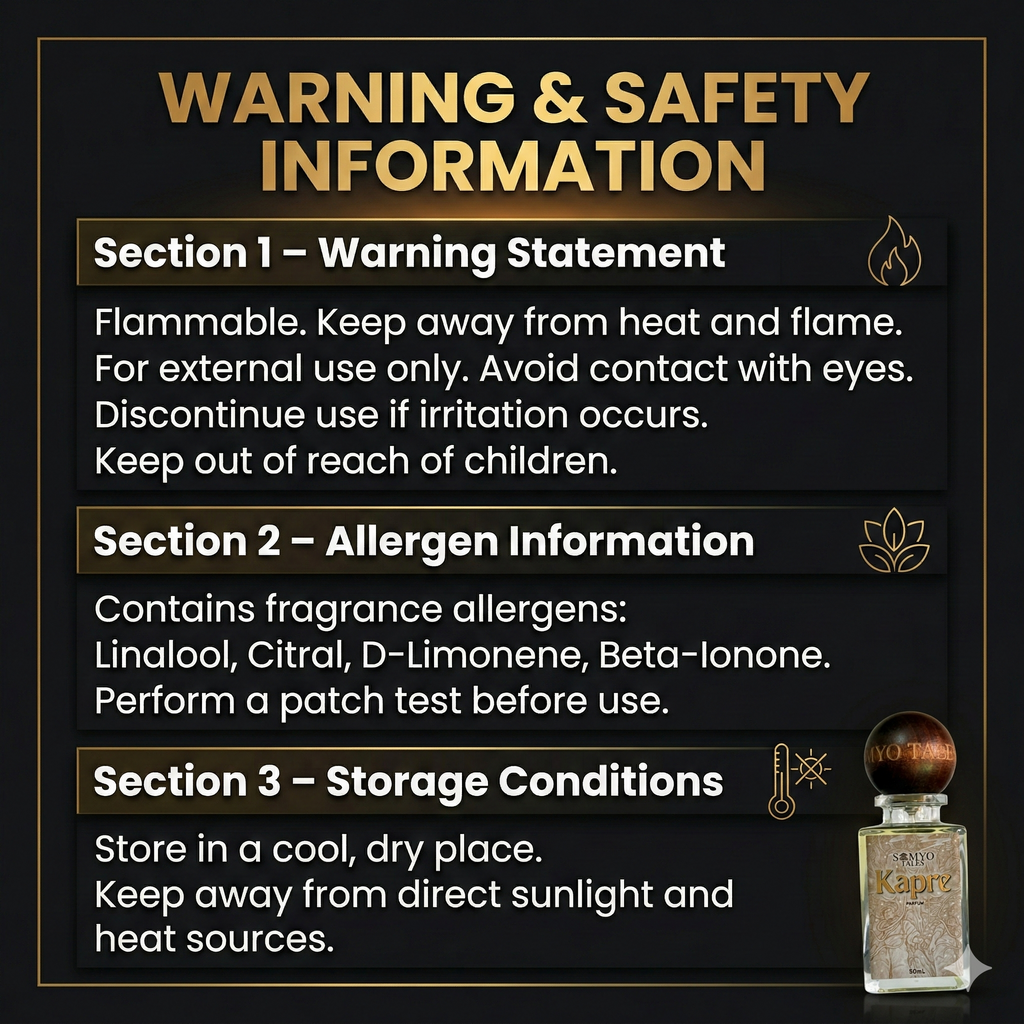 Warning and safety information for a product with a bottle icon on a black background
