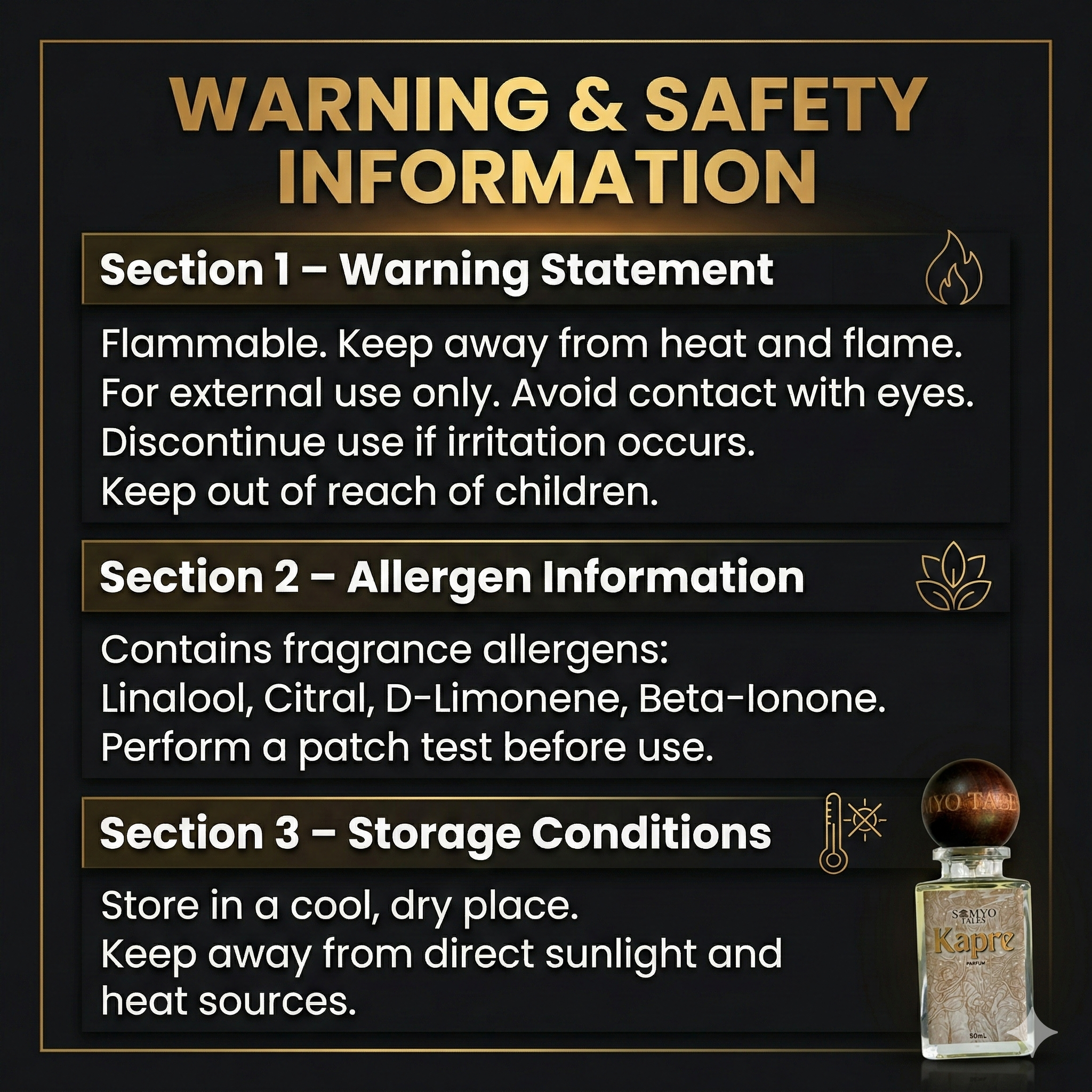 Warning and safety information for a product with a bottle icon on a black background