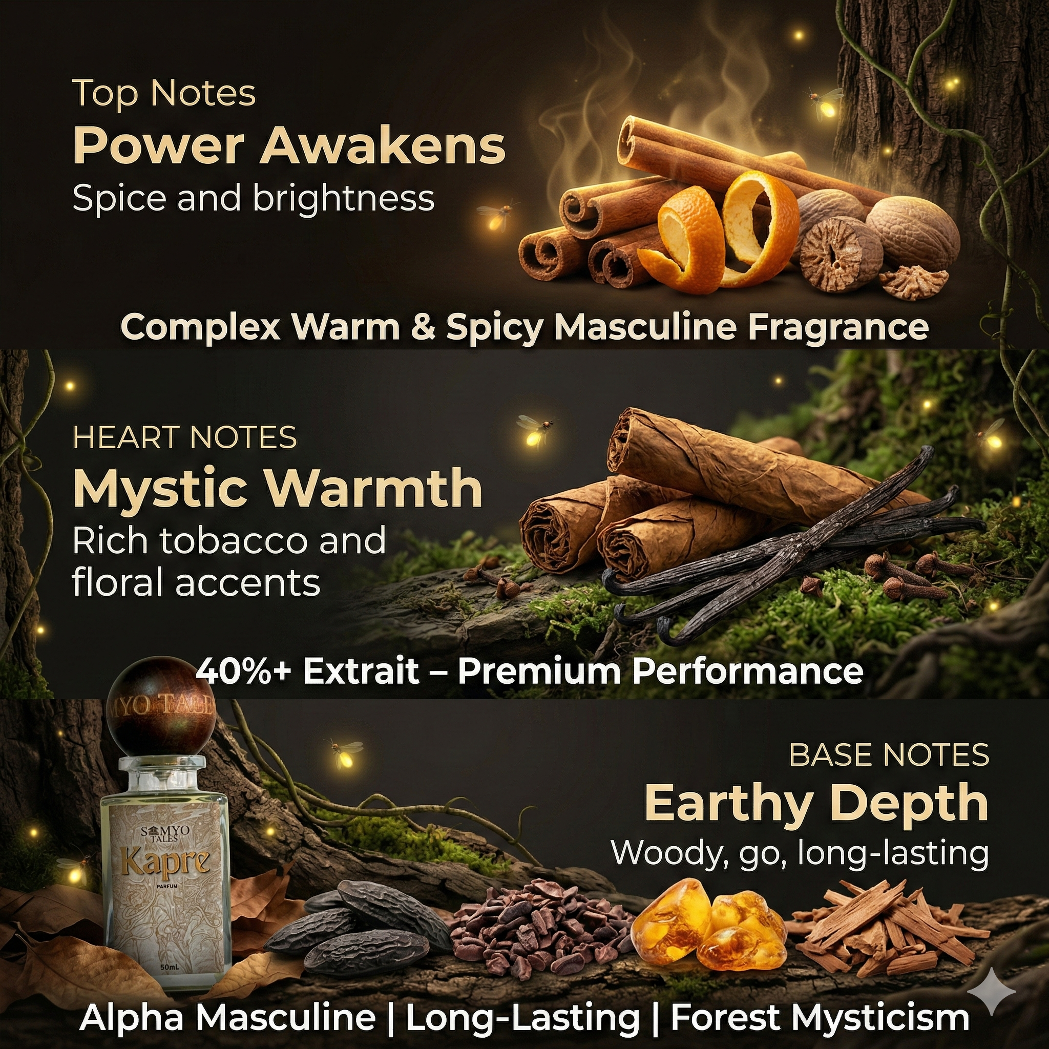 Advertisement for a perfume with ingredients and fragrance description on a dark background