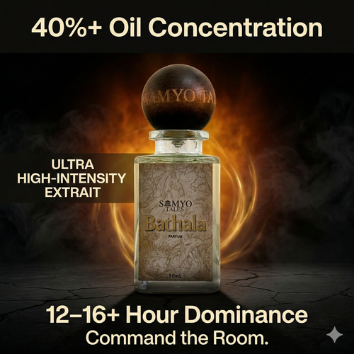 Perfume bottle with text about oil concentration and effects on a dark background