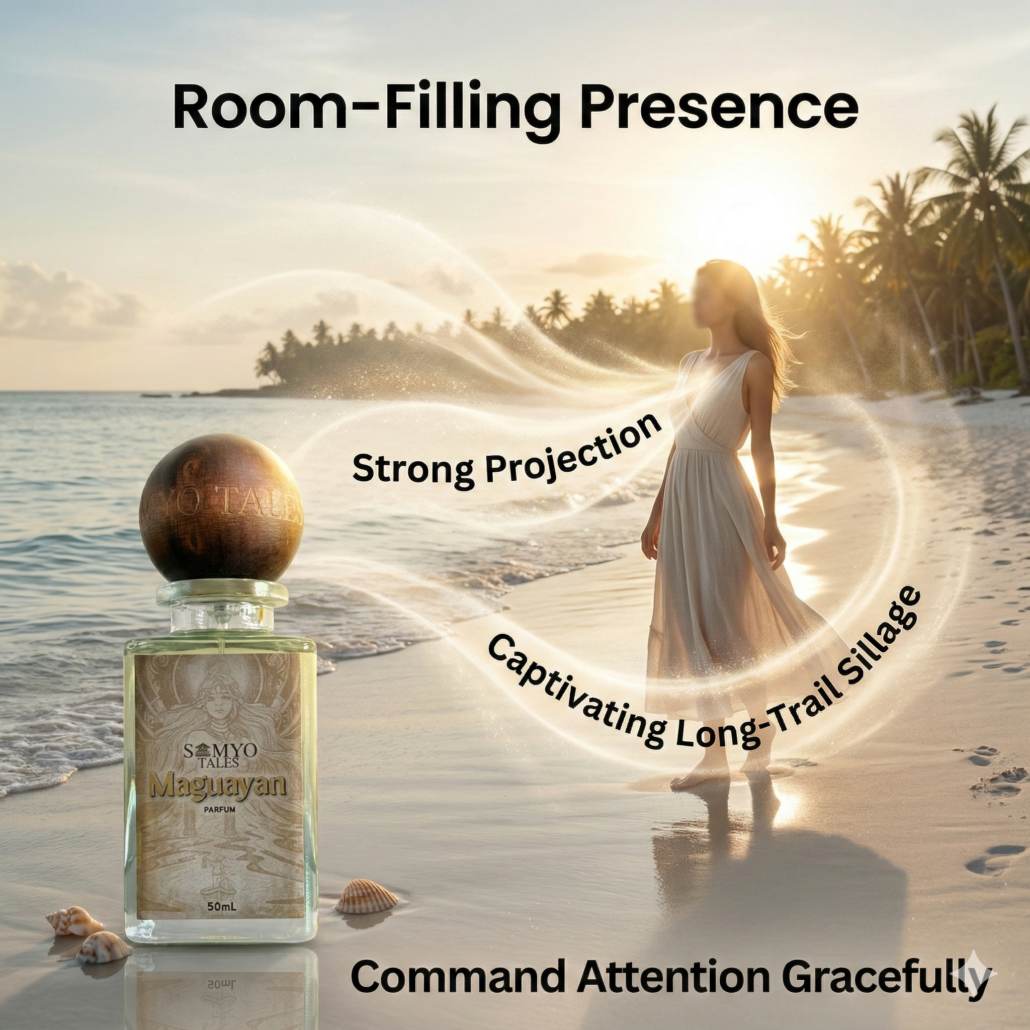 Perfume bottle on a beach with text about its qualities