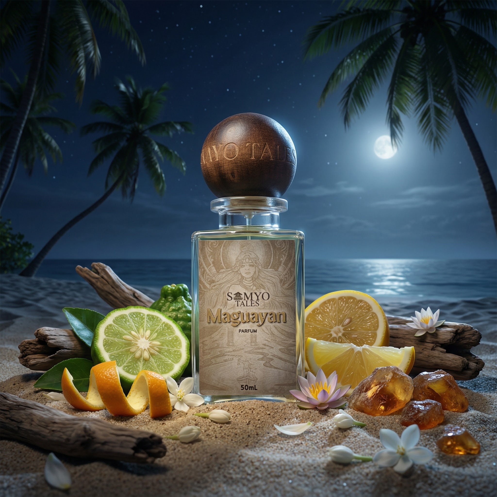 Perfume bottle labeled 'Maguyavan' on a beach with fruits and flowers at night.