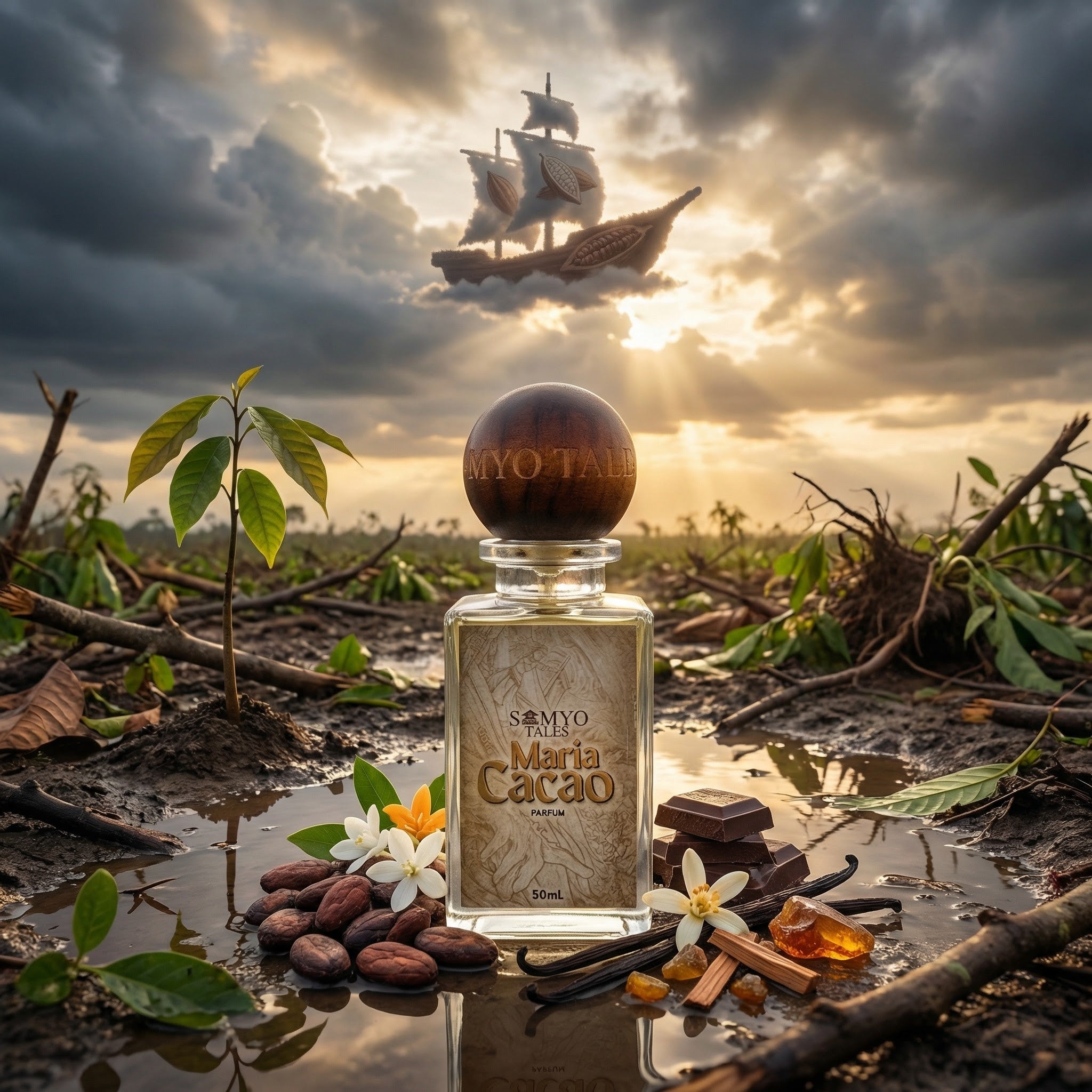 Perfume bottle labeled 'Maria Cacao' surrounded by vanilla beans and flowers with a ship in the background.