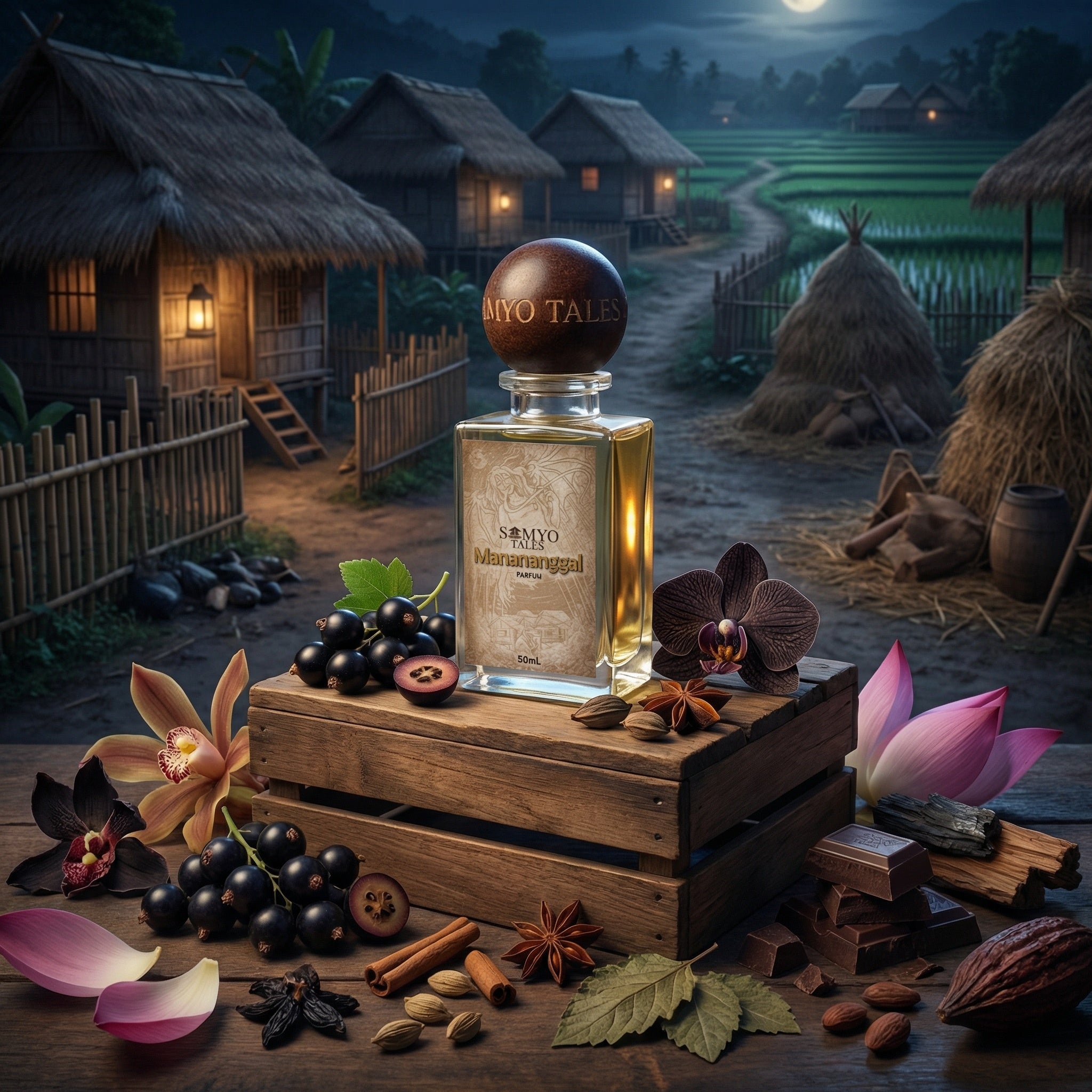 Perfume bottle labeled 'Myo Talo' with natural elements on a wooden platform at night in a village setting.