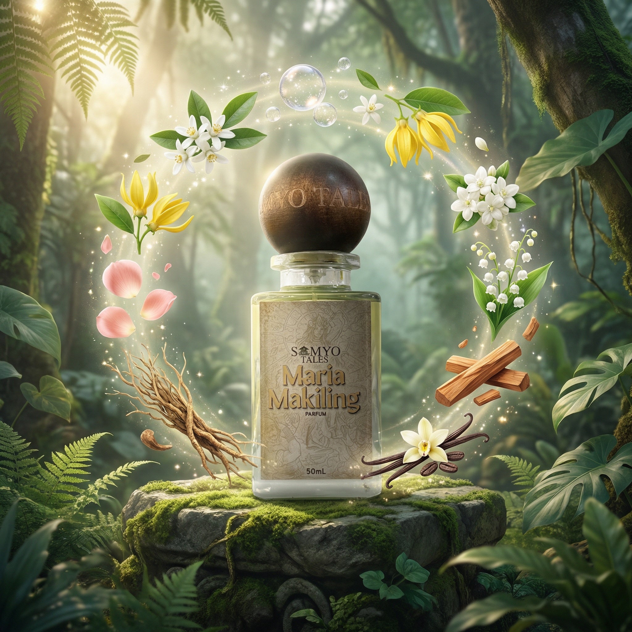 Perfume bottle labeled 'Maria Makiling' surrounded by tropical plants and flowers in a forest setting.