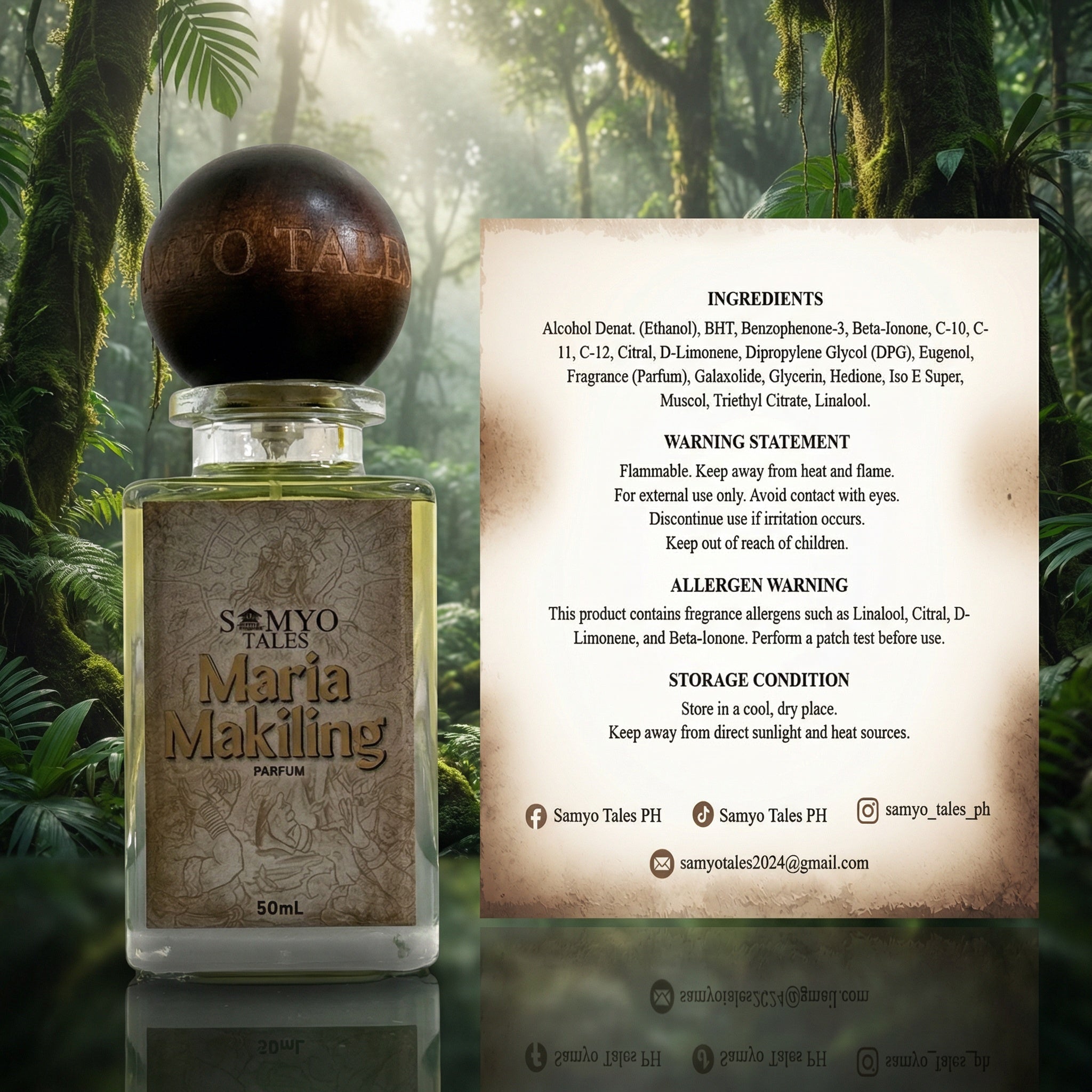 Parfum bottle with ingredients label against a jungle background