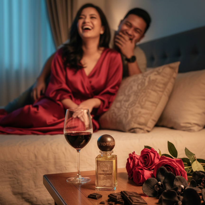 Couple laughing on a bed with a glass of red wine and flowers on a nightstand.