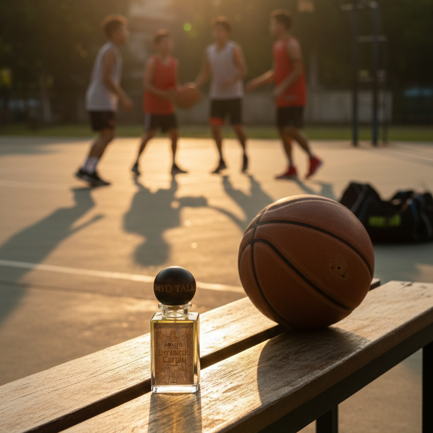 Basketball and perfume bottle on a basketball court with players in the background