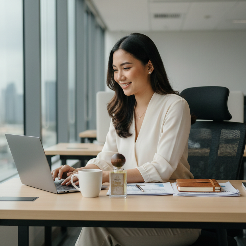Woman working on a laptop in an office with large windows