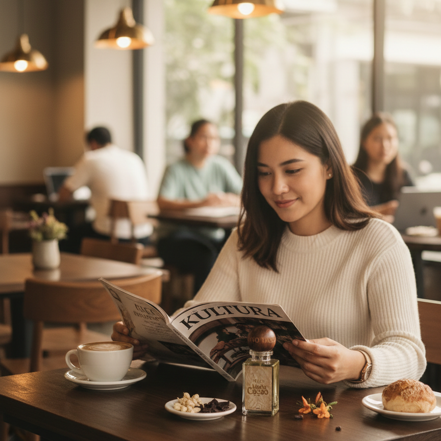 Woman reading a magazine in a cafe with a cup of coffee and pastries on the table.