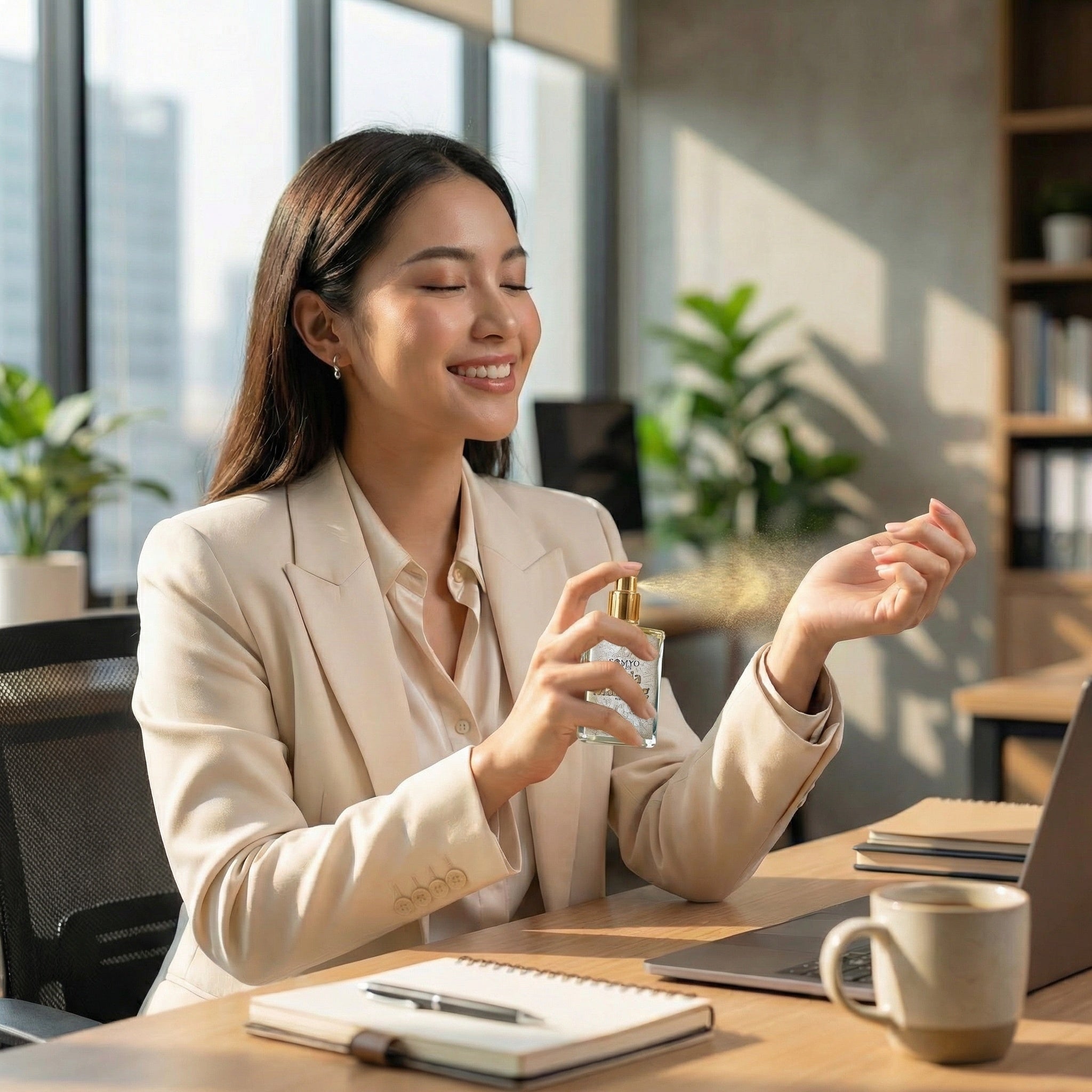 Woman in a professional setting using a spray bottle, with a laptop and notebook on the desk.